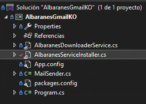 Captura de pantalla del proyecto AlbaranesGmailKO - Servicio Windows - Servicio Windows para automatización de descarga y procesamiento de albaranes desde Gmail.