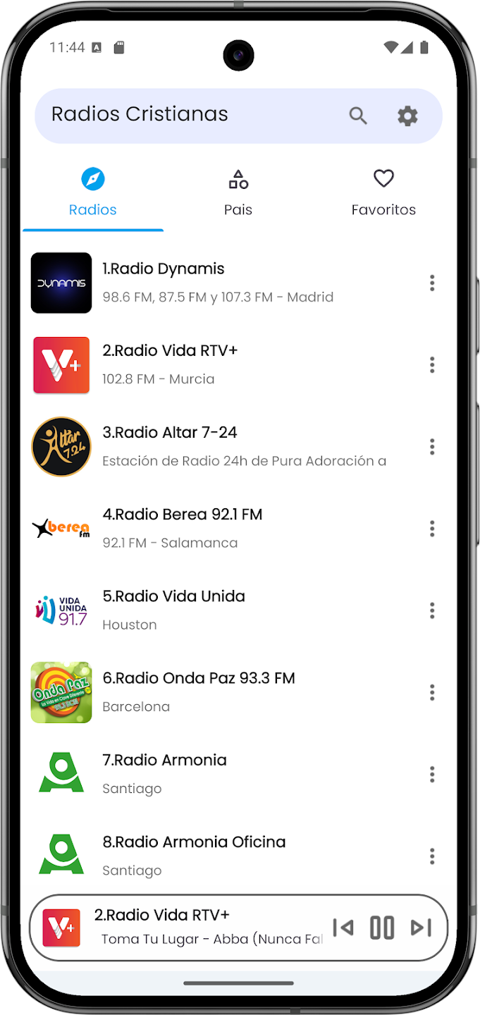 Captura de pantalla del proyecto Radios Cristianas - App Android - Aplicación móvil para streaming de múltiples radios cristianas en español.