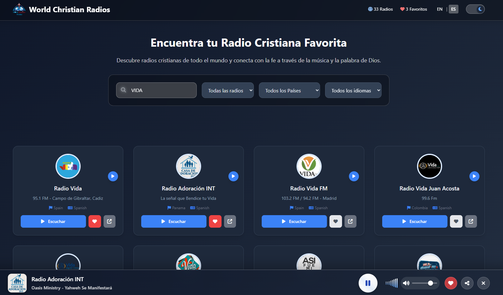 Captura de pantalla del proyecto World Christian Radios - Plataforma Web - Plataforma web para streaming de radios cristianas de todo el mundo con reproductor avanzado.