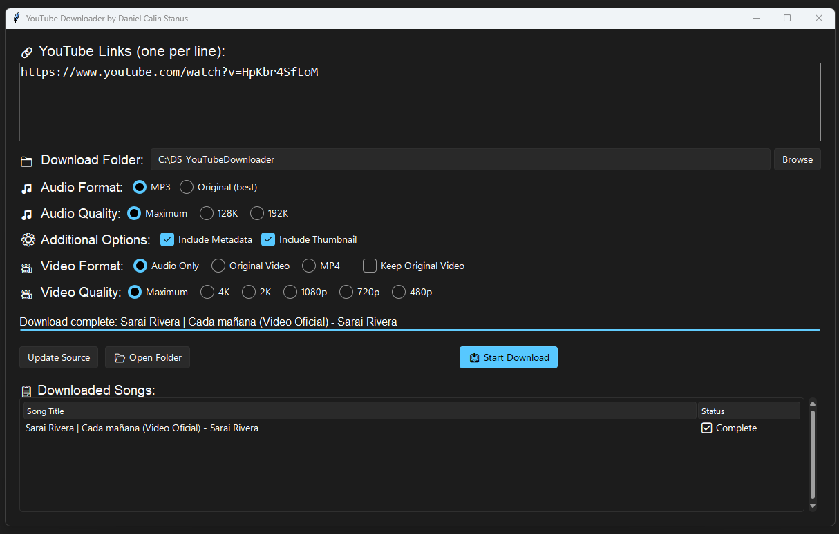 Captura de pantalla del proyecto YouTube Downloader - Aplicación de escritorio con interfaz moderna para descargar audio y video de YouTube con múltiples opciones de calidad.